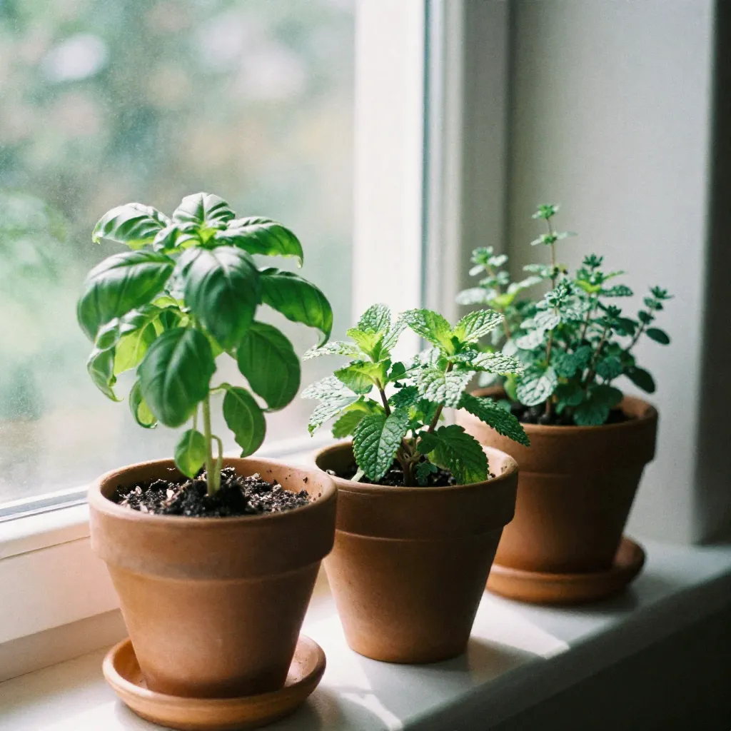 Compact indoor herb garden arrangement